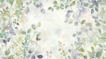 Soft watercolor floral background with green leaves and purple flowers on a textured beige surface.