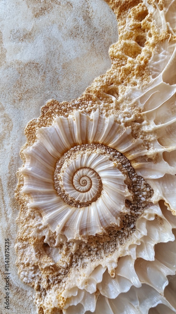 Poster Close-up view of a beautifully textured seashell showcasing intricate patterns and natural colors