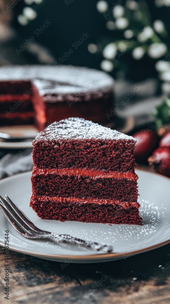 Poster Rich red velvet cake with layers and powdered sugar on a rustic wooden table