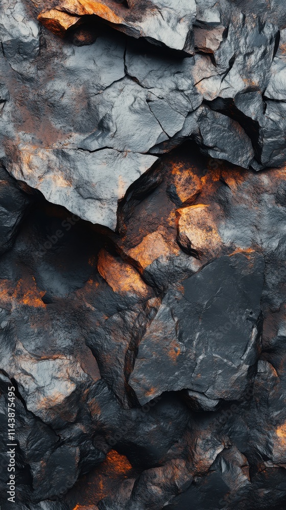Poster textured background of volcanic rocks with glowing fissures revealing molten features and dynamic ge