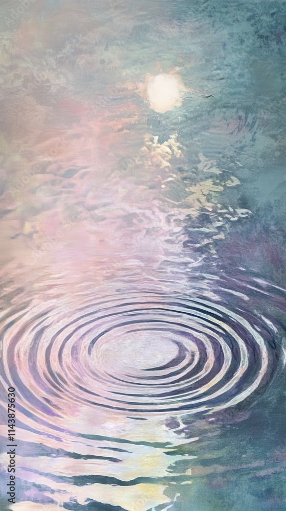 Poster serene reflections on softly illuminated water surface with delicate circular ripples at twilight