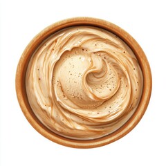 Butterscotch or caramel ice cream in a bowl, top view, isolated on white background