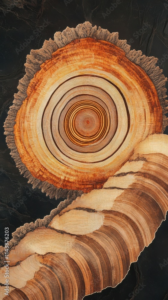 Poster cross-section revealing detailed growth rings of a tree trunk showcasing natural patterns and textur