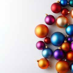 Colorful Christmas ornaments scattered on a white background, showcasing vibrant hues of blue, red, gold, and silver, ideal for festive decorations.