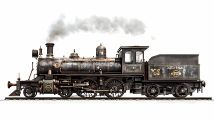 Naklejka premium Vintage Steam Locomotive with Smoke Emitting from the Stack on a White Background, Showcasing Classic Railroad Design and Historic Engineering