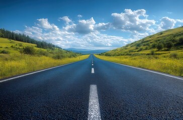 Scenic asphalt road through green hills under a blue sky.