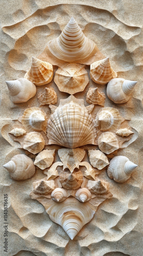 Poster intricate geometric arrangement of seashells in natural formations displayed against a textured back