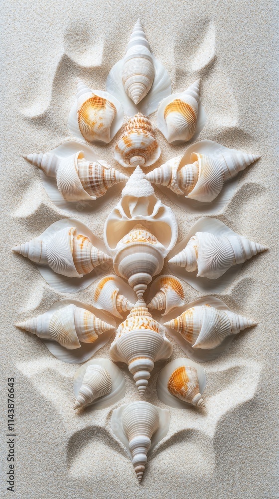 Poster Geometric arrangement of seashells on a sandy surface displaying intricate natural patterns and textures