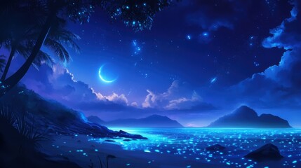 A serene night scene featuring a glowing ocean, starry sky, and a crescent moon, framed by palm trees, creating a tranquil atmosphere.