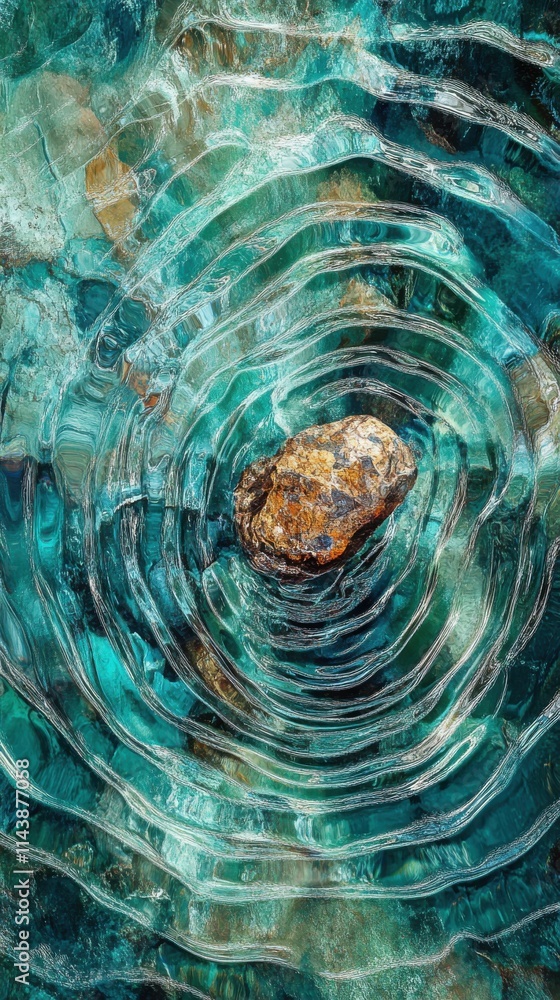 Aufkleber macro shot of rippling water patterns surrounding a stone in a vibrant turquoise pool