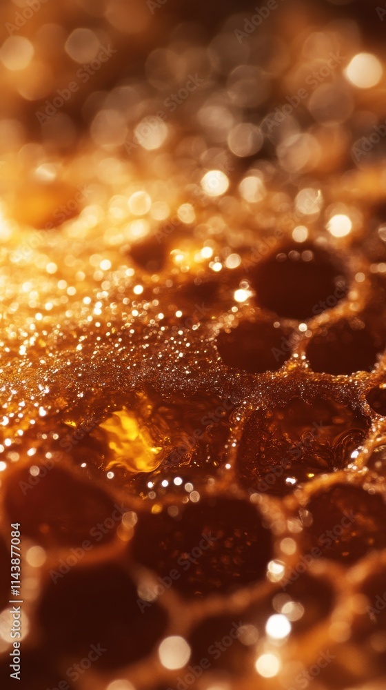 Poster macro shot captures glistening honeycomb filled with golden honey from local bees in a warm afternoo