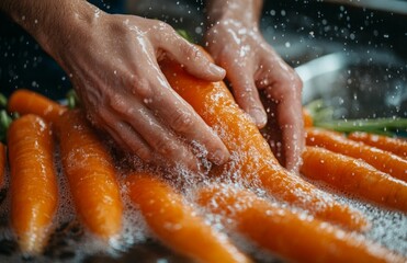 Fototapeta premium Washing fresh carrots by hand on an urban farm