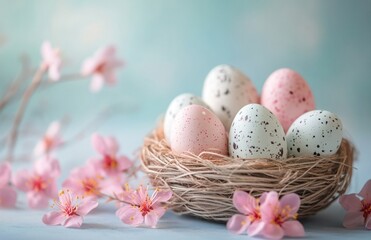 Easter eggs in a basket with pastel colors on a wooden table