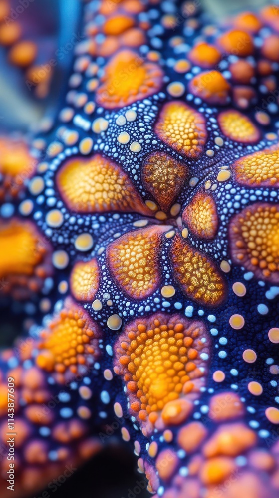 Poster exploring the intricate patterns of a starfish in vibrant colors and textures at a coral reef