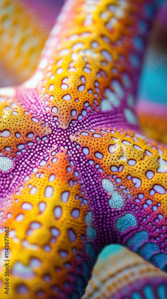 Poster Close-up of a colorful starfish showcasing intricate patterns and textures in vibrant hues on a coral reef