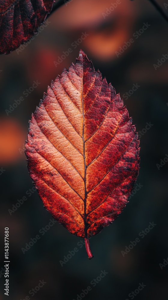 Poster macro close-up of a vibrant red autumn leaf highlighting intricate details and natural textures
