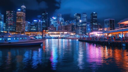 Fototapeta premium Night cityscape, harbor, boats, city lights reflecting on water, skyscrapers, pier, people.