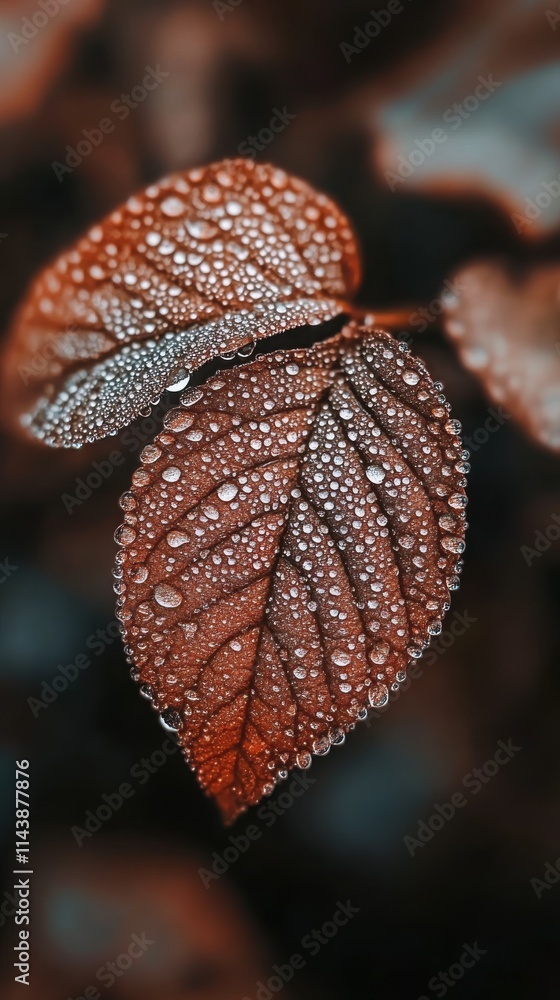 Poster Macro shot of a leaf covered in raindrops showcasing intricate details and textures in a natural setting