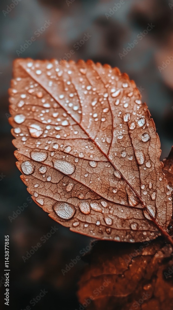 Poster detailed macro shot of a leaf adorned with raindrops captured in a natural setting with soft lightin