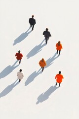 Overhead view of diverse people walking in different directions, casting shadows on a white background.