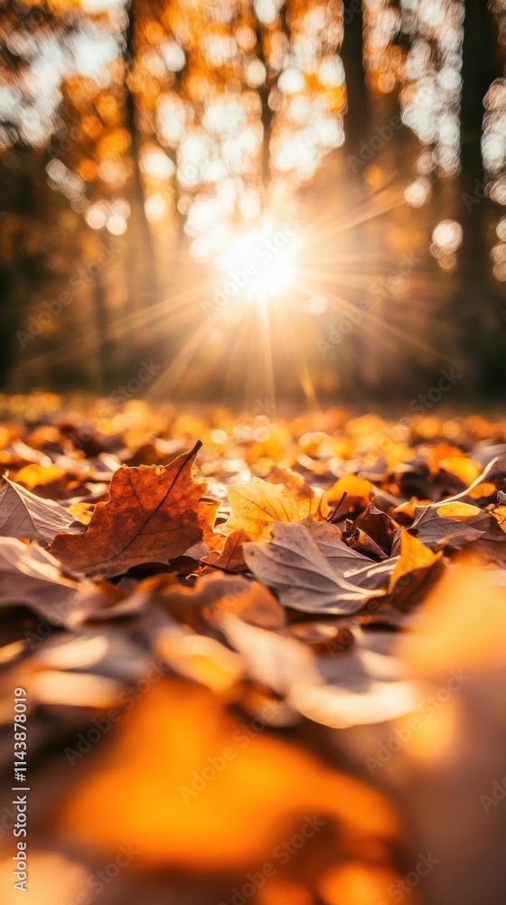 Poster golden autumn leaves illuminated by sunset in a tranquil forest setting