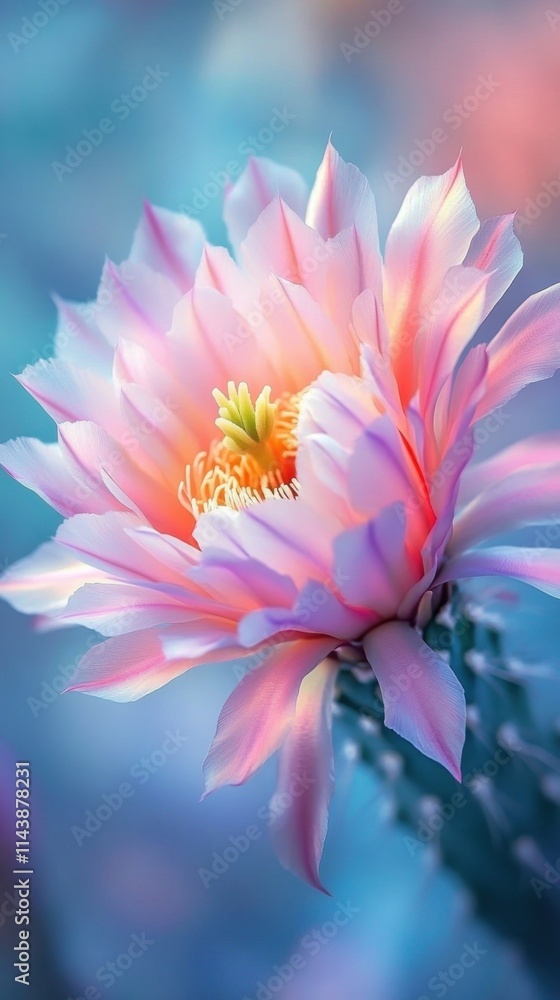 Poster macro shot of vibrant cactus flower displaying soft pink petals and intricate details against a drea