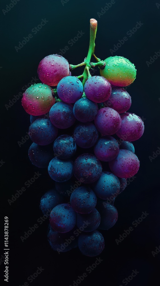 Poster close-up view of vibrant grapes showcasing moisture and rich colors in a dark setting