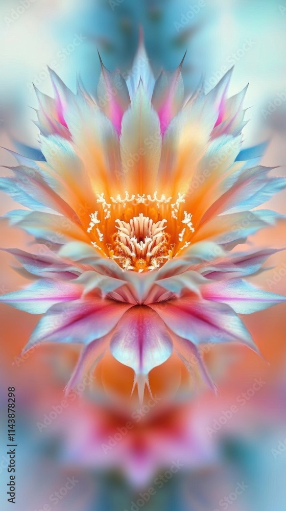 Poster Vibrant macro shot of a cactus flower in bloom with striking colors and intricate details under soft lighting