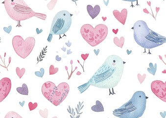 Whimsical love pattern with hand-drawn love birds, hearts, and romantic elements in playful pastel watercolors