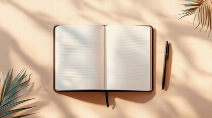 Blank journal and pen flat lay on soft beige background