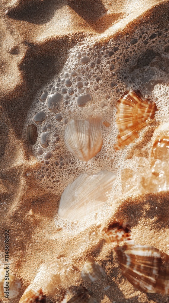 Aufkleber close-up view of colorful seashells surrounded by frothy waves on a sunlit summer beach