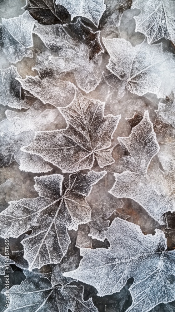 Aufkleber frost-covered maple leaves resting on a cold surface during winter mornings in a quiet forest settin