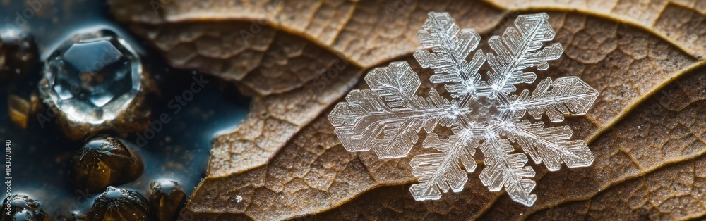 Poster Intricate snowflake resting on a textured surface with droplets captured in detail during a winter afternoon