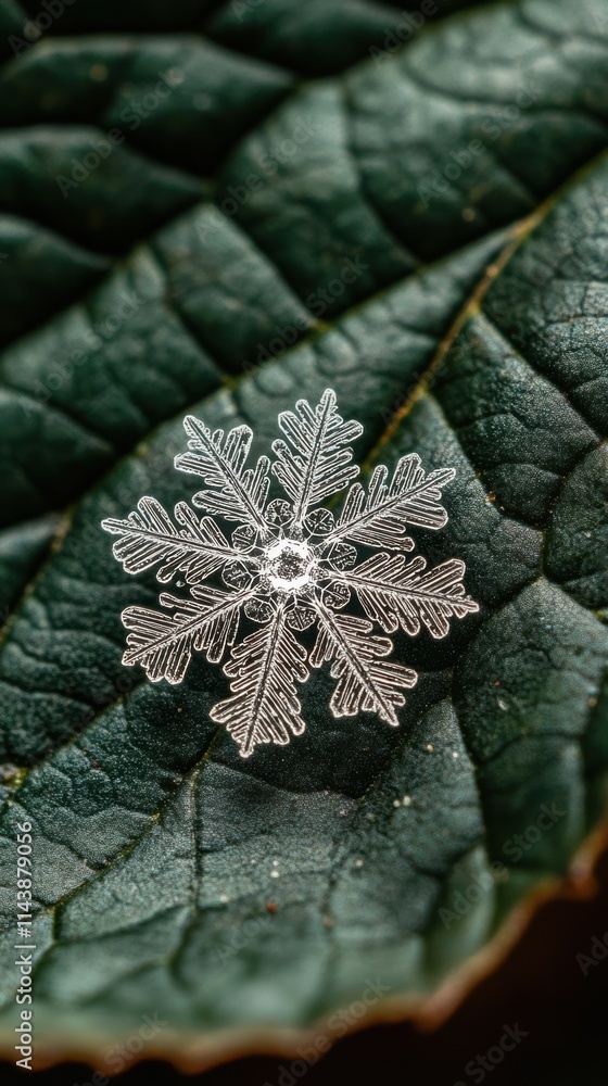 Poster intricate snowflake resting on a green leaf during winter's chill
