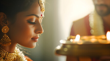 Indian woman in red sari with namaste gesture and marigolds, horizontal, ideal for Hindu festivals, temple ceremonies, religious greetings, spiritual celebrations and cultural events
