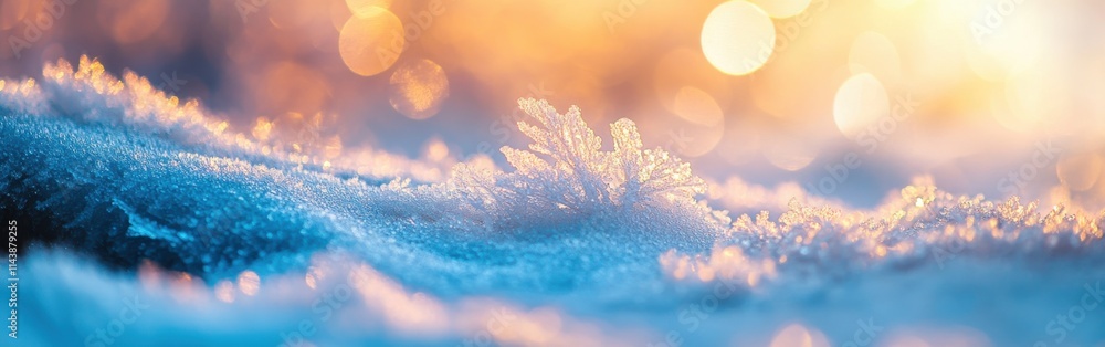 Fototapete macro view of intricate frost patterns on a winter landscape during the golden hour