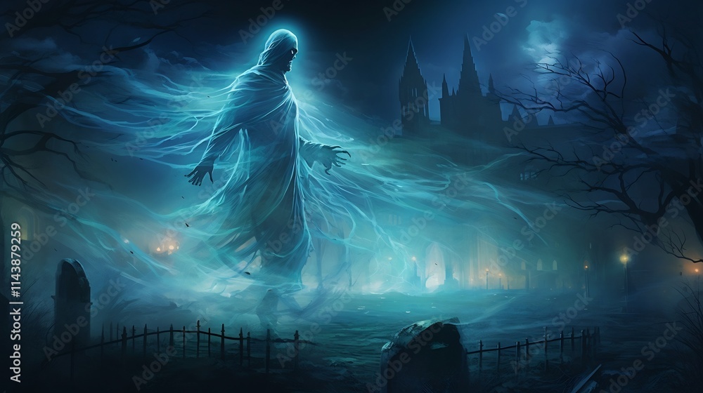 Poster ethereal translucent spirit floating above haunting graveyard at mysterious twilight mystical parano
