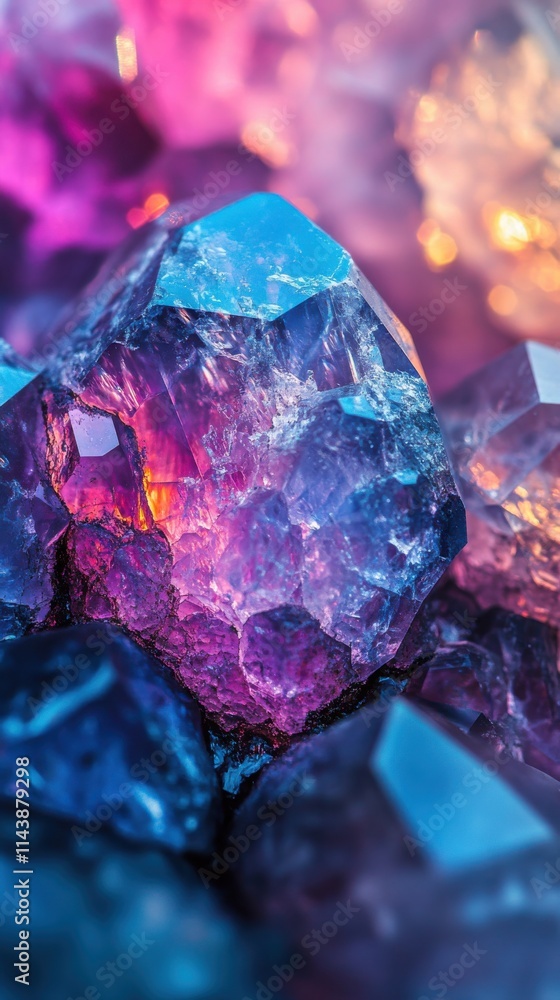 Poster Macro view of a vibrant crystal geode with striking colors and textures illuminated by gentle light