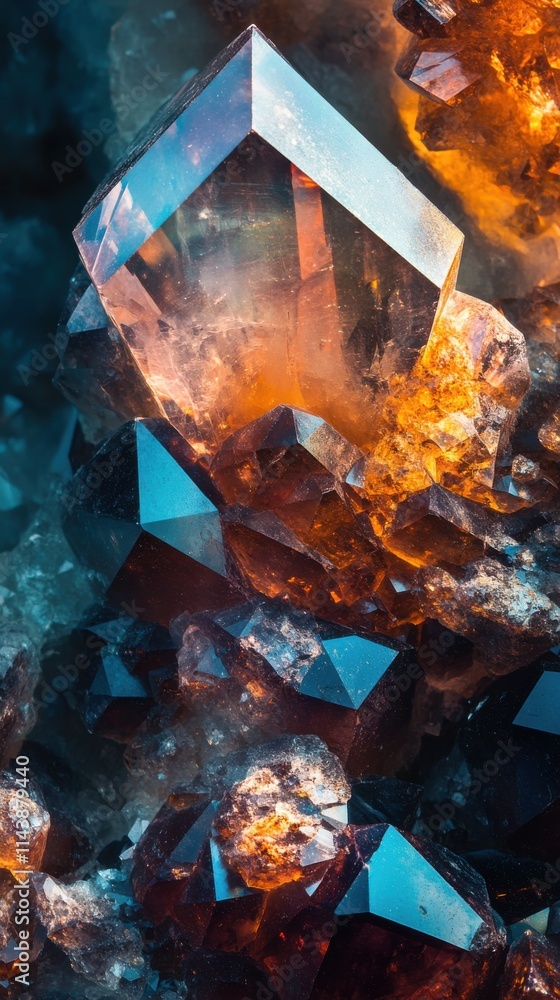 Poster macro exploration of a stunning crystal geode revealing intricate forms and vibrant colors