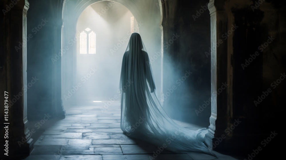 Poster ethereal and haunting spectral figure passing through mysterious archway in abandoned medieval castl
