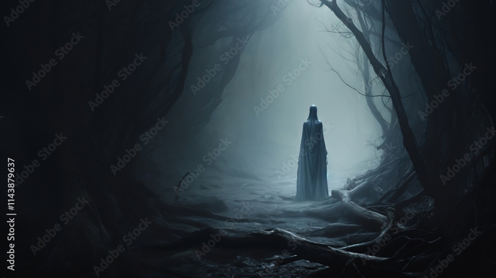 Poster haunting silhouette of a mysterious figure emerging from the mist shrouded forest illuminated by the