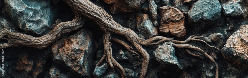 Poster roots entwined with rocks create a natural masterpiece in a tranquil forest setting