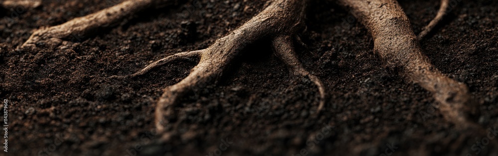 Poster intricate details of intertwined tree roots emerging from the dark soil in a natural environment