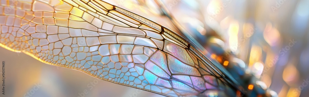 Poster intricate geometric patterns of dragonfly wings showcasing vibrant colors and fine textures in sunli