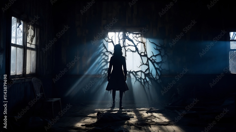 Poster haunting silhouette of a ghostly figure emerging from the abandoned and dilapidated house with shatt