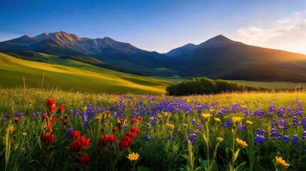 A serene landscape featuring vibrant wildflowers in a lush green meadow, framed by majestic mountains under a clear blue sky.