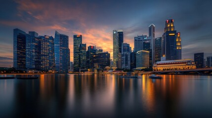 Fototapeta premium Vibrant sunset cityscape reflecting on calm water.