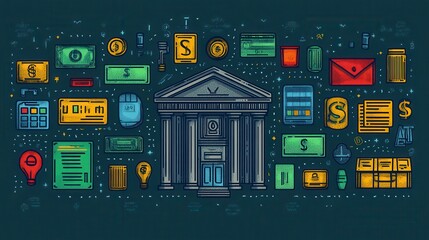 Detailed Financial Institution Illustration with Various Financial Icons and Graphics