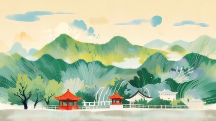 Serene Asian landscape painting with mountains, pagodas, and lush greenery.