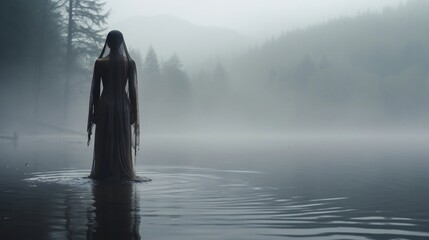 Chilling apparition standing at the edge of a foggy tranquil lake its ghostly presence casting an ominous supernatural aura over the serene landscape